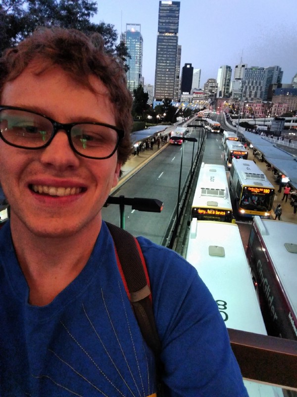 Many buses on different routes at the Cultural Center Bus Rapid Transit station in Brisbane, Australia