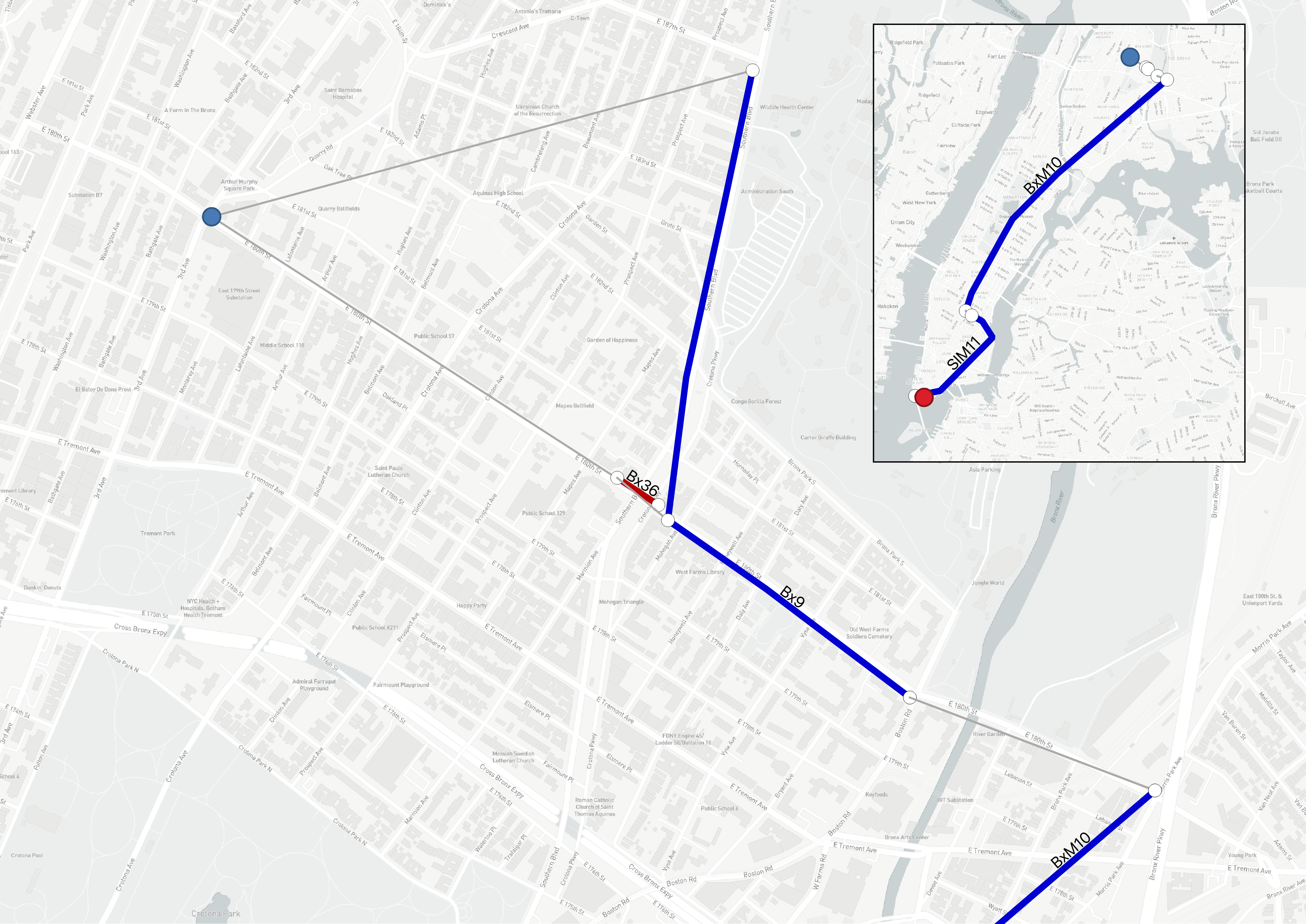 Map showing an added one-stop ride on the Bx36 in the cheaper option.